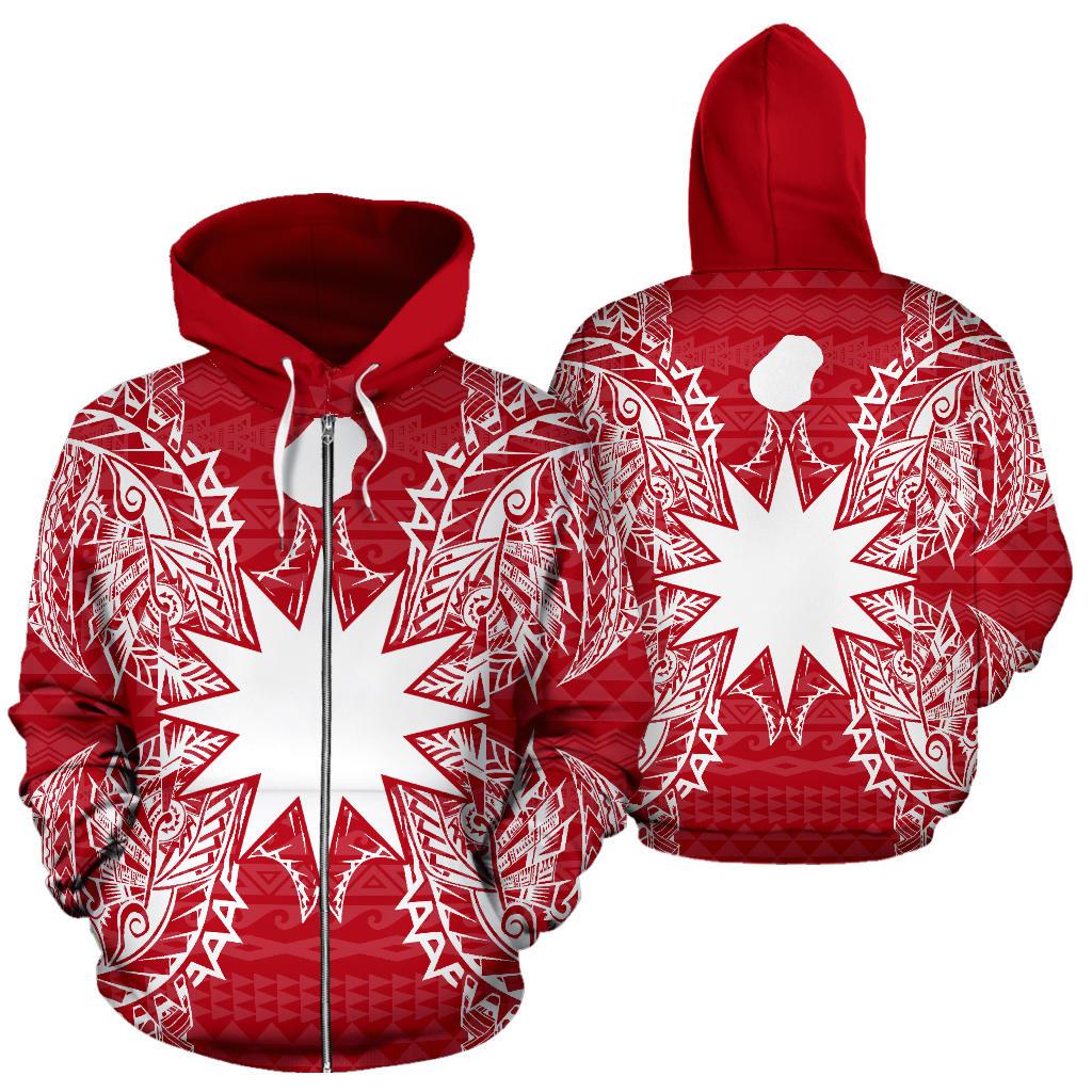 Nauru Polynesian All Over Zip up Hoodie Map Red White Unisex Red - Polynesian Pride