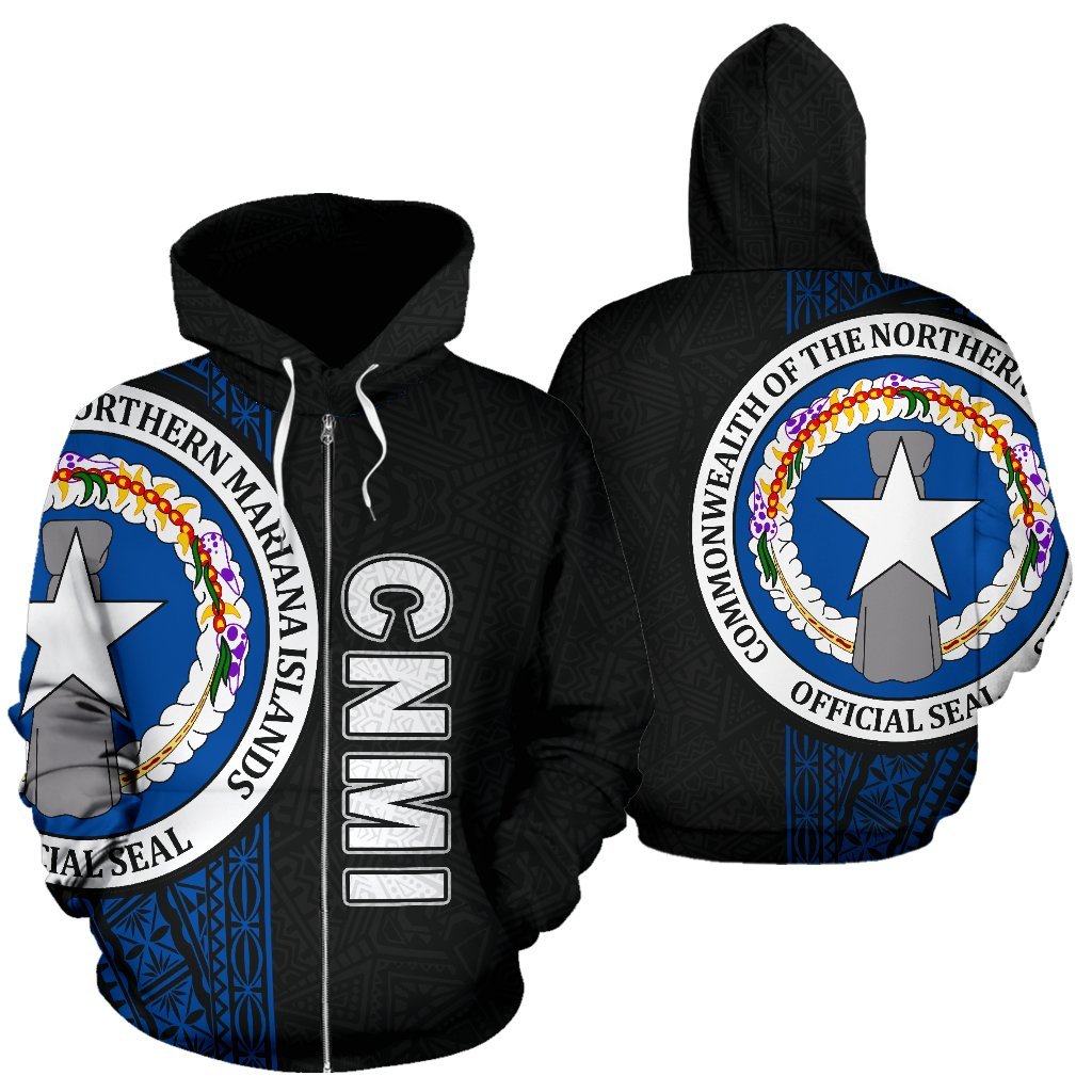 Northern Mariana Islands Polynesian All Over Zip up Hoodie Blue Line Unisex Black - Polynesian Pride