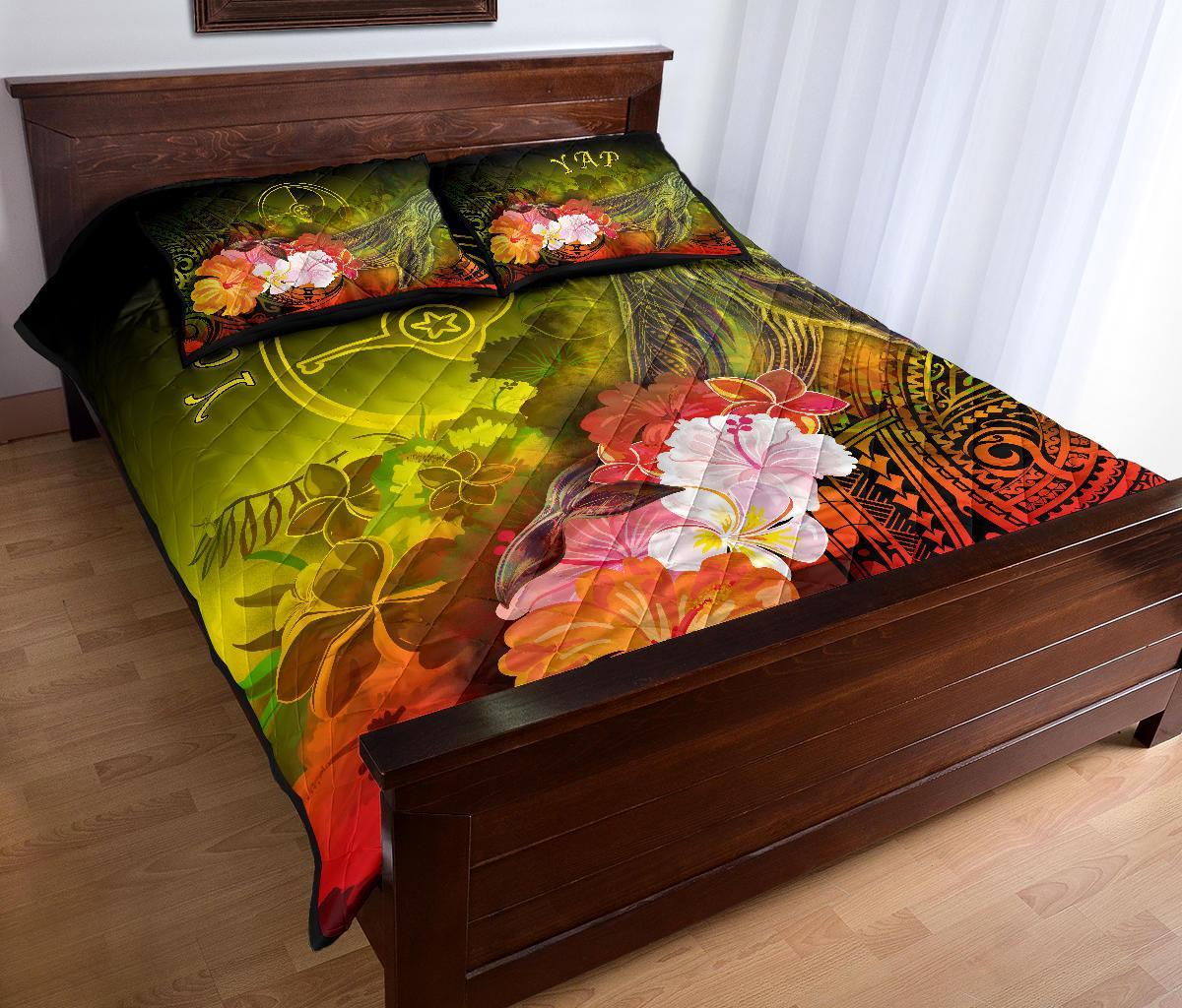 Custom Personalised Yap Quilt Bed Set - Humpback Whale with Tropical Flowers (Yellow) - Polynesian Pride