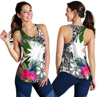 Nauru Women's Racerback Tank White - Turtle Plumeria Banana Leaf - Polynesian Pride