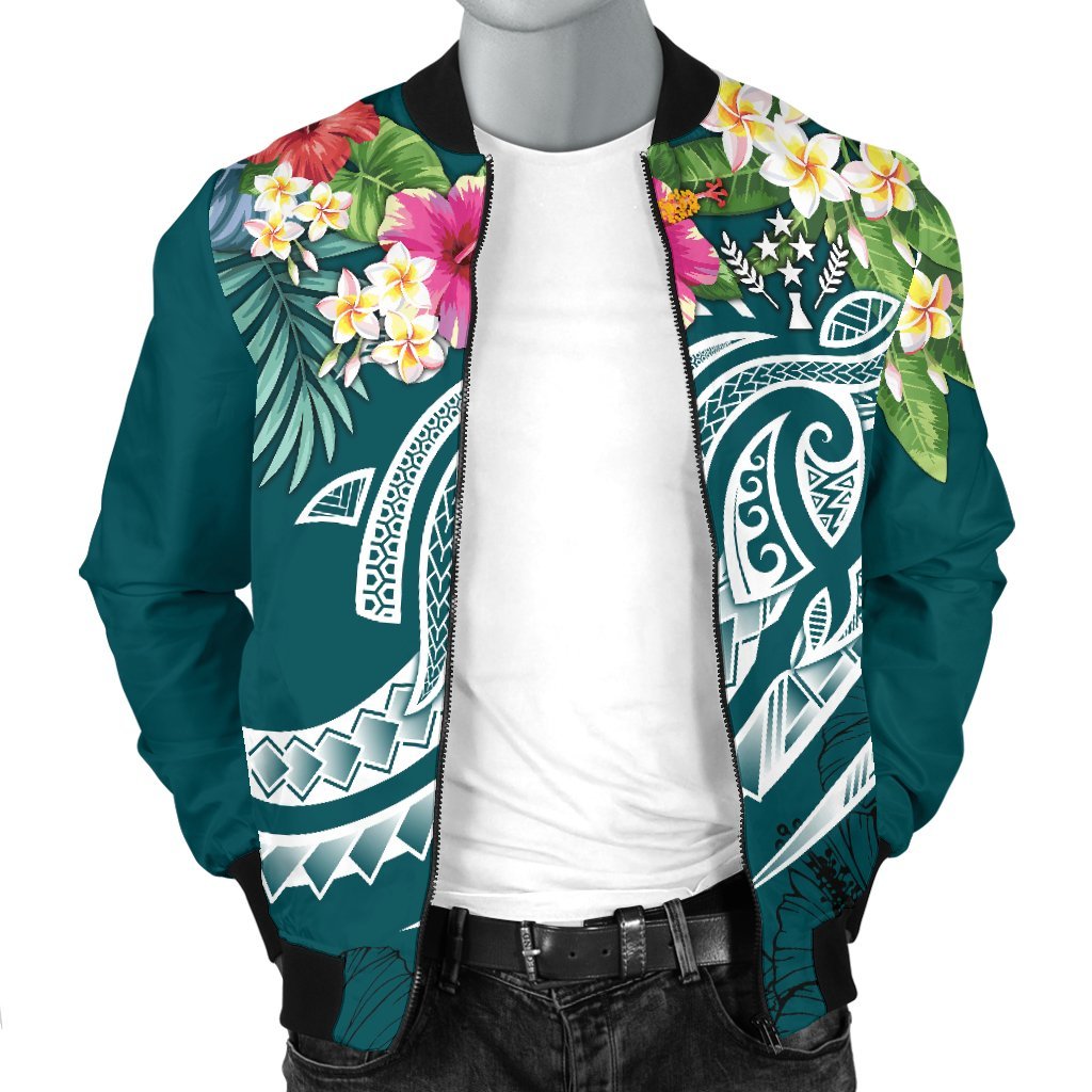 Kosrae Polynesian Men's Bomber Jacket - Summer Plumeria (Turquoise) - Polynesian Pride