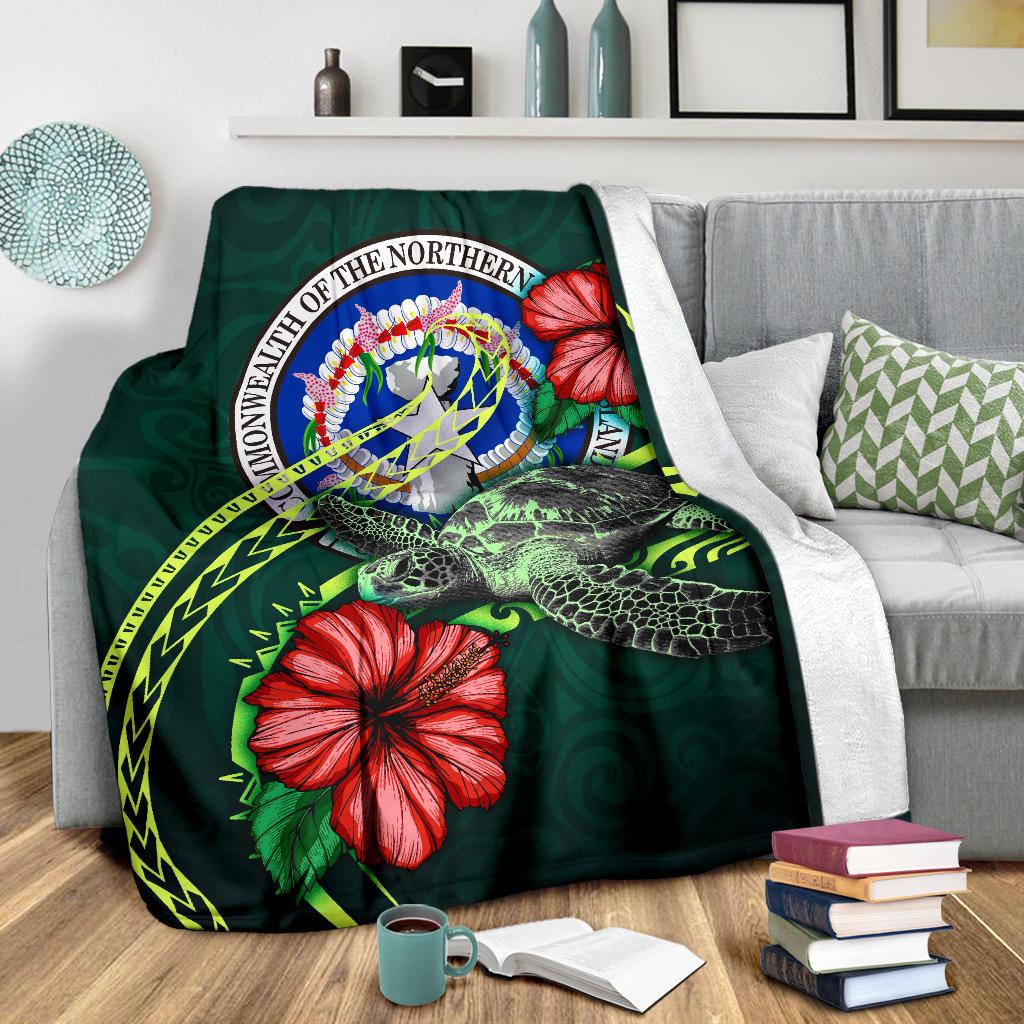 Northern Mariana Islands Polynesian Premium Blanket - Green Turtle Hibiscus - Polynesian Pride