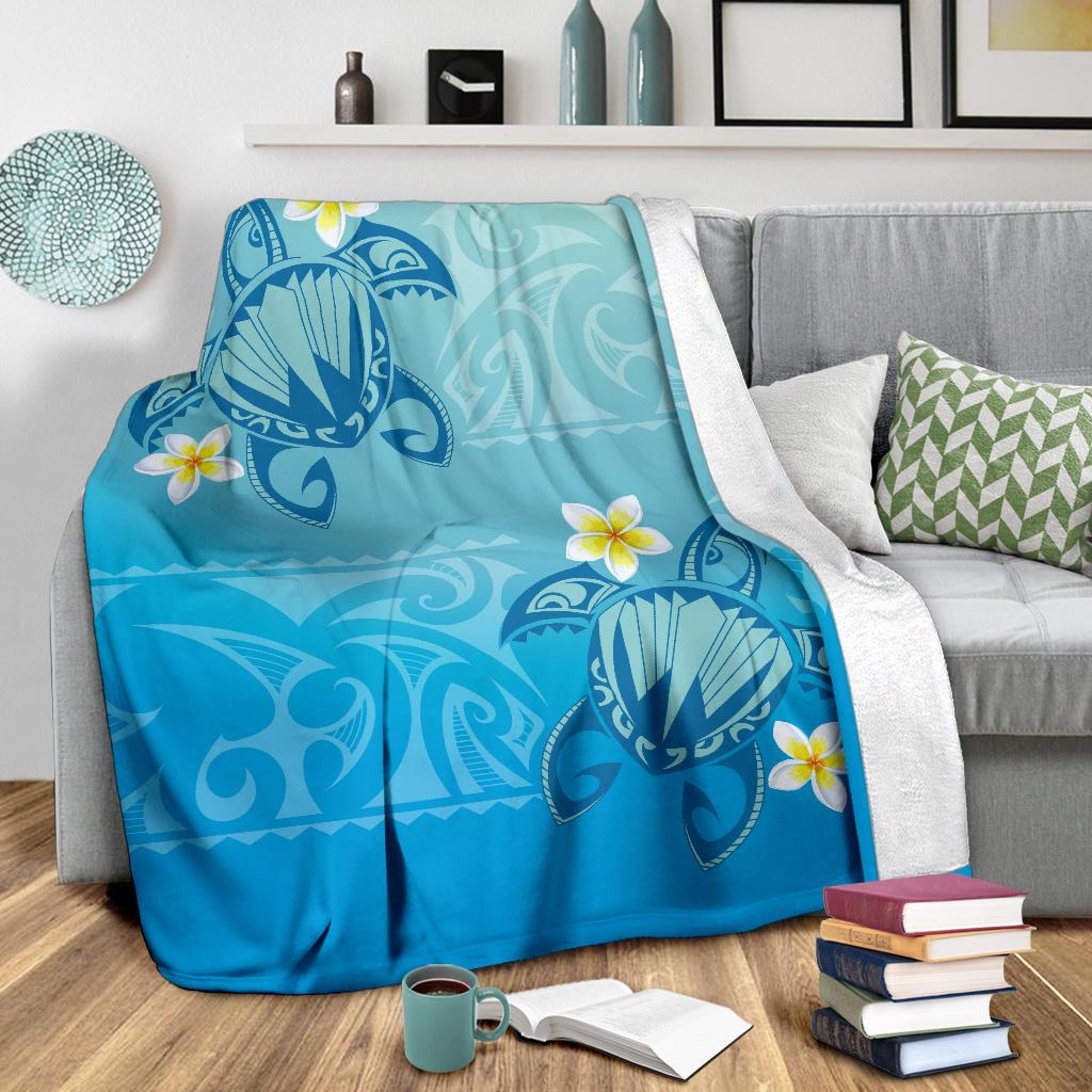 Hawaii Plumeria Deep Blue Turtle Premium Blanket - Polynesian Pride