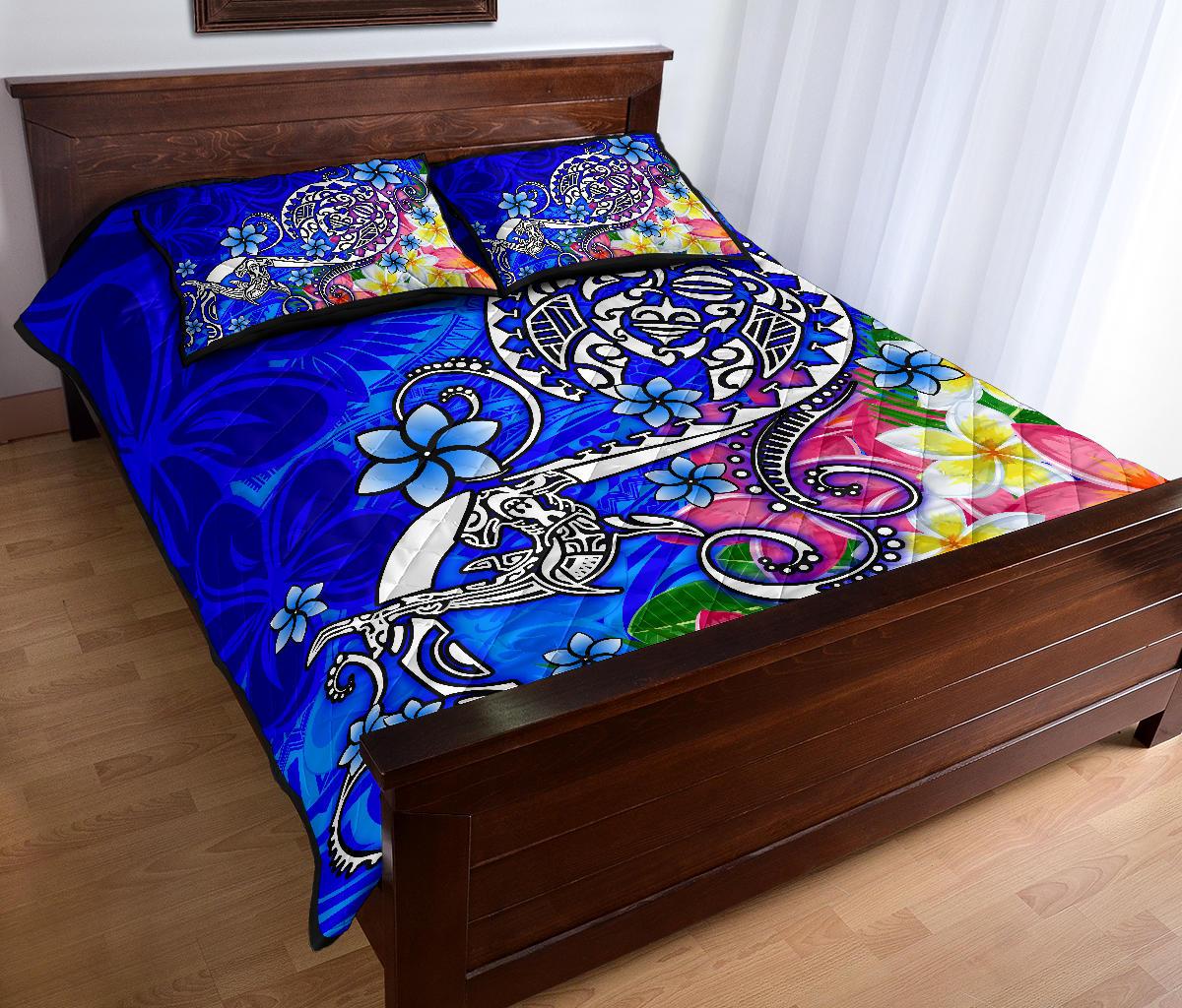 Polynesian Quilt Bed Set - Turtle Plumeria Blue Color - Polynesian Pride