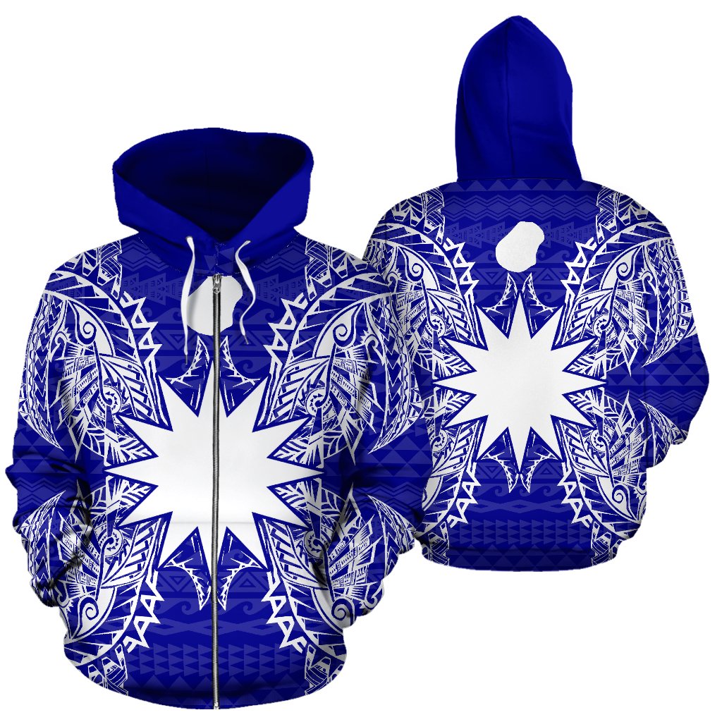 Nauru Polynesian All Over Zip up Hoodie Map Blue Unisex Blue - Polynesian Pride