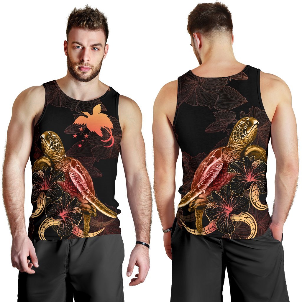 Papua New Guinea Men Tank Top - Turtle With Blooming Hibiscus Gold - Polynesian Pride