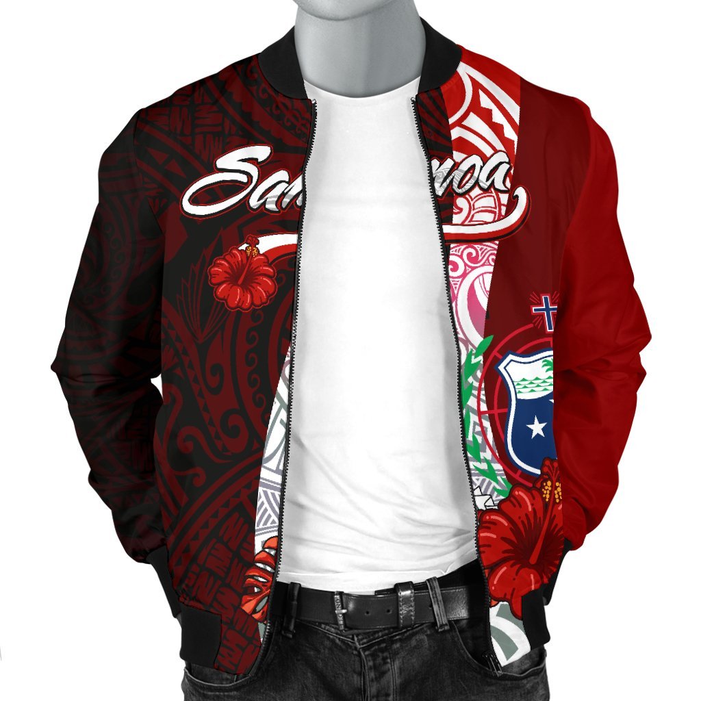 Samoa Polynesian Men's Bomber Jacket - Coat Of Arm With Hibiscus - Polynesian Pride