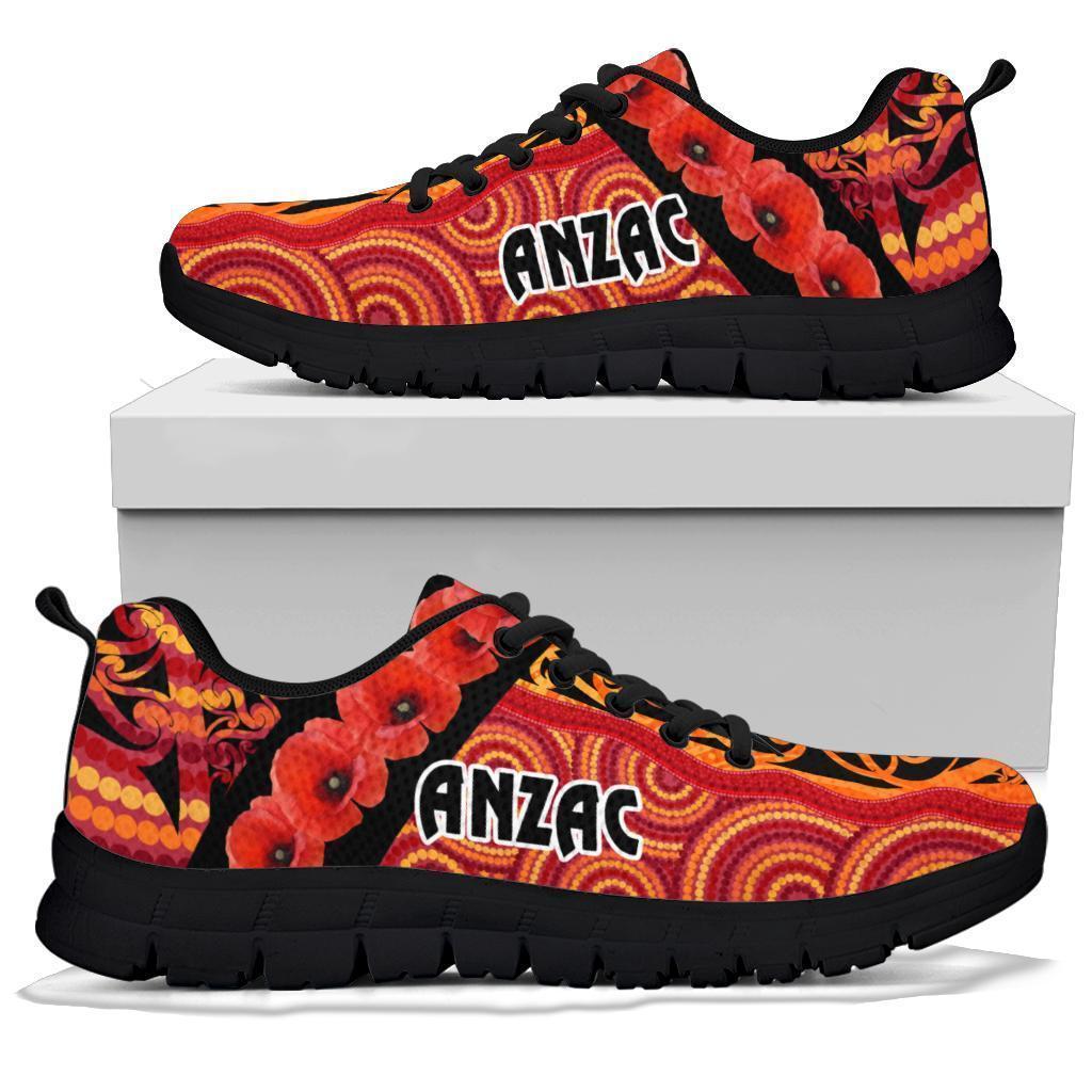 Anzac Lest We Forget Poppy Sneakers New Zealand Maori Silver Fern - Australia Aboriginal - Polynesian Pride