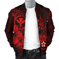 Polynesian Hawaii Kanaka Maoli Men's Bomber Jacket - Humpback Whale with Hibiscus (Red) - Polynesian Pride