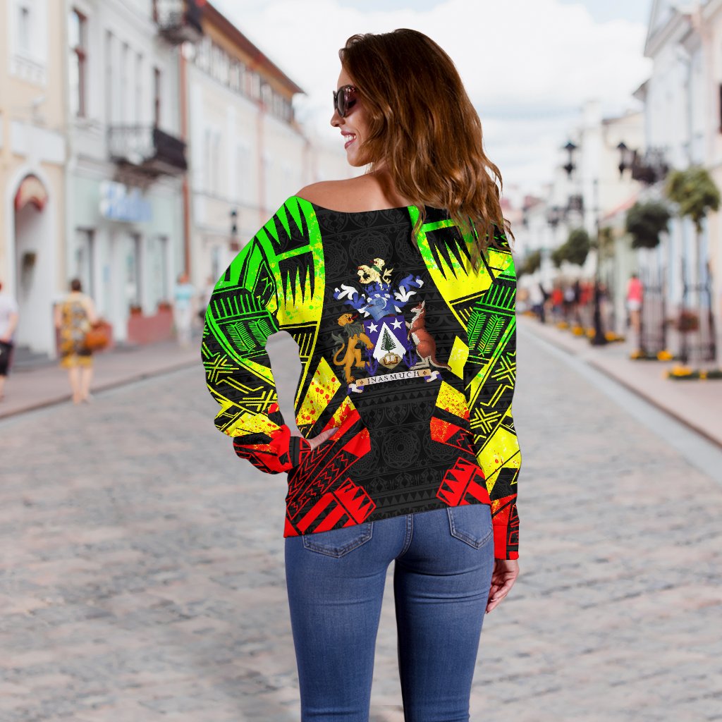 Norfolk Island Women's Off Shoulder Sweater - Polynesian Tattoo Reggae - Polynesian Pride