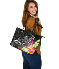 American Samoa Polynesian Large Leather Tote Bag - Turtle Plumeria (Black) - Polynesian Pride