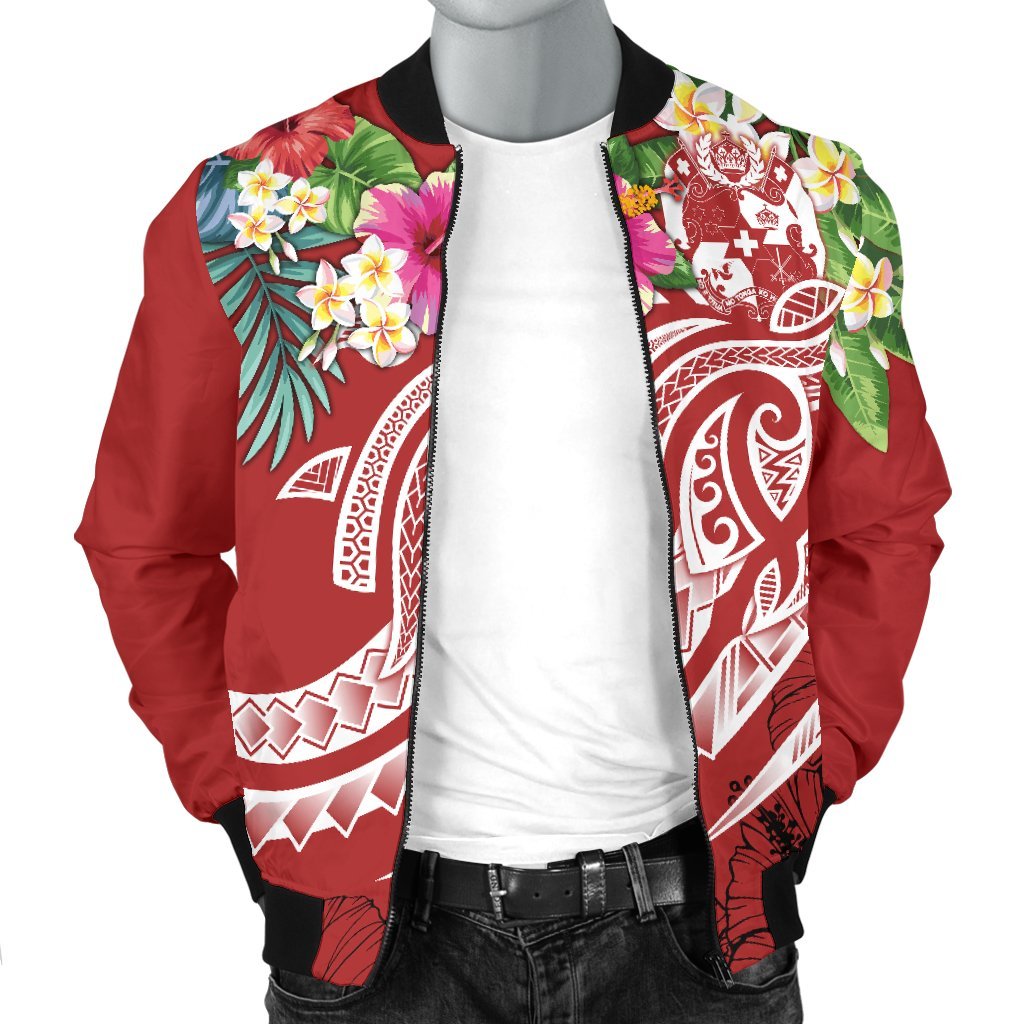 Tonga Polynesian Men's Bomber Jacket - Summer Plumeria (Red) - Polynesian Pride