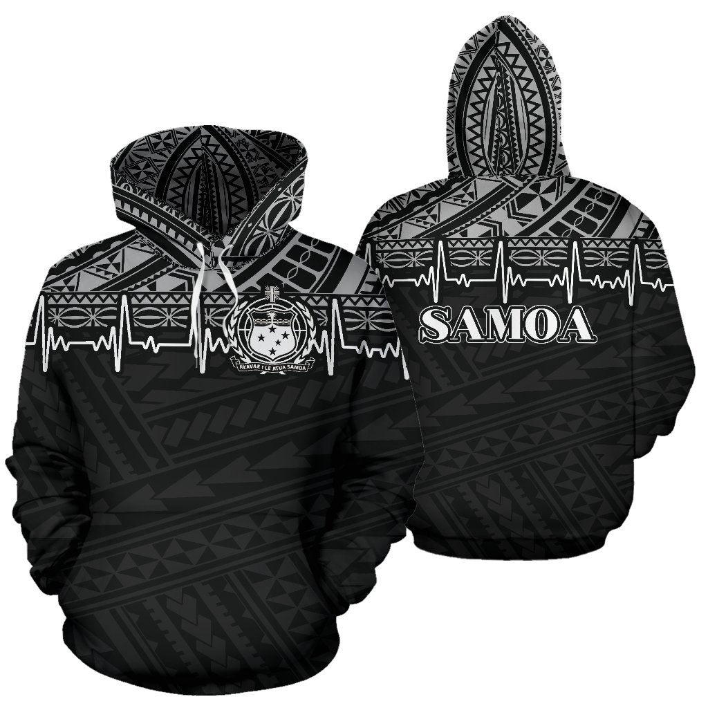 Samoa Polynesian All Over Hoodie Black White Heartbeat Style Unisex Black - Polynesian Pride