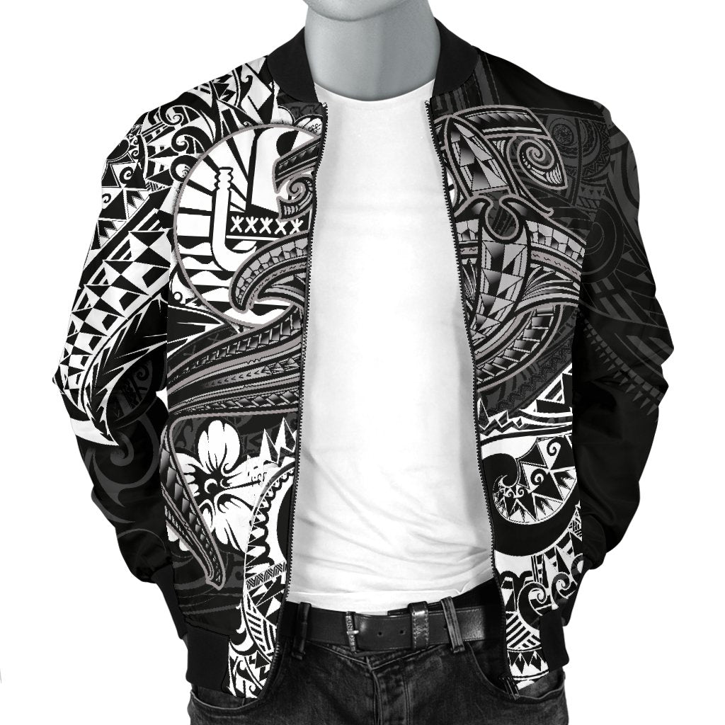 Tahiti Men's Bomber Jacket - White Shark Polynesian Tattoo - Polynesian Pride
