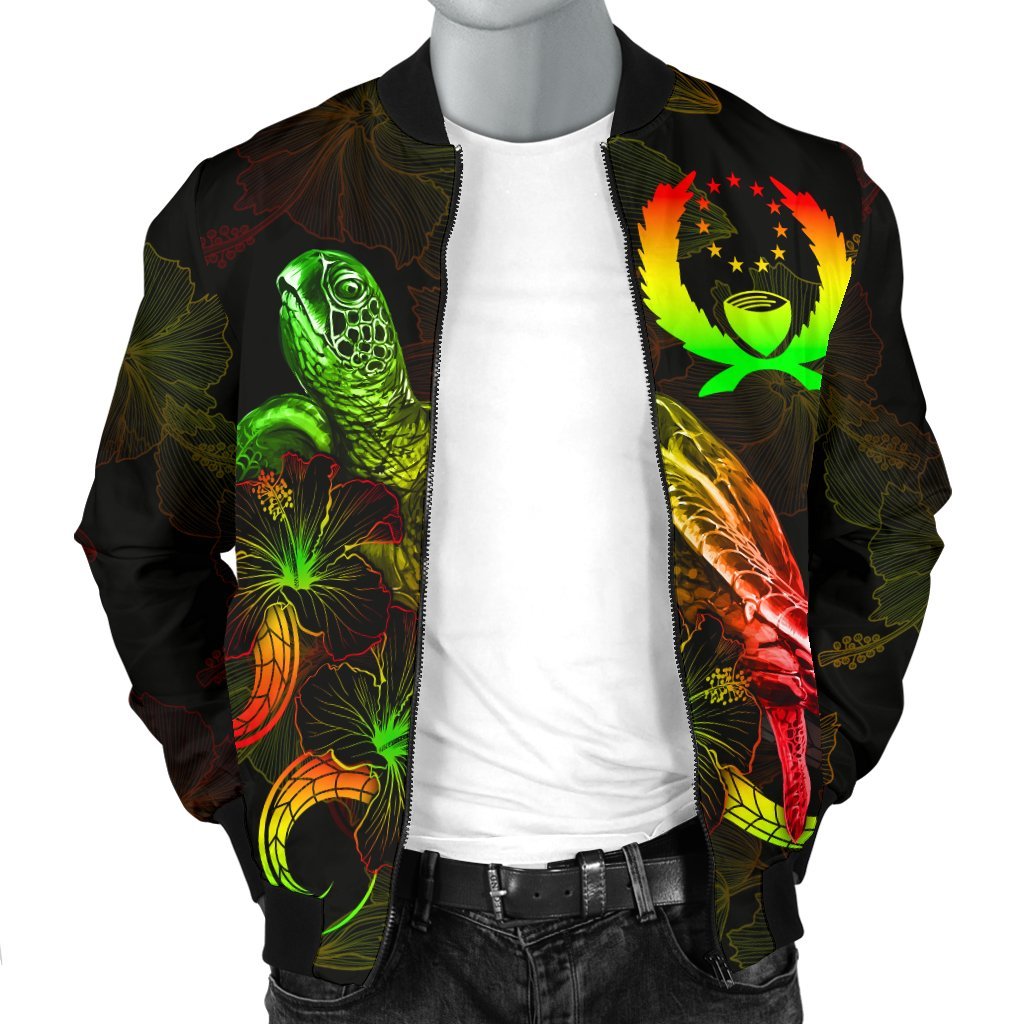Pohnpei Polynesian Men's Bomber Jacket - Turtle With Blooming Hibiscus Reggae - Polynesian Pride