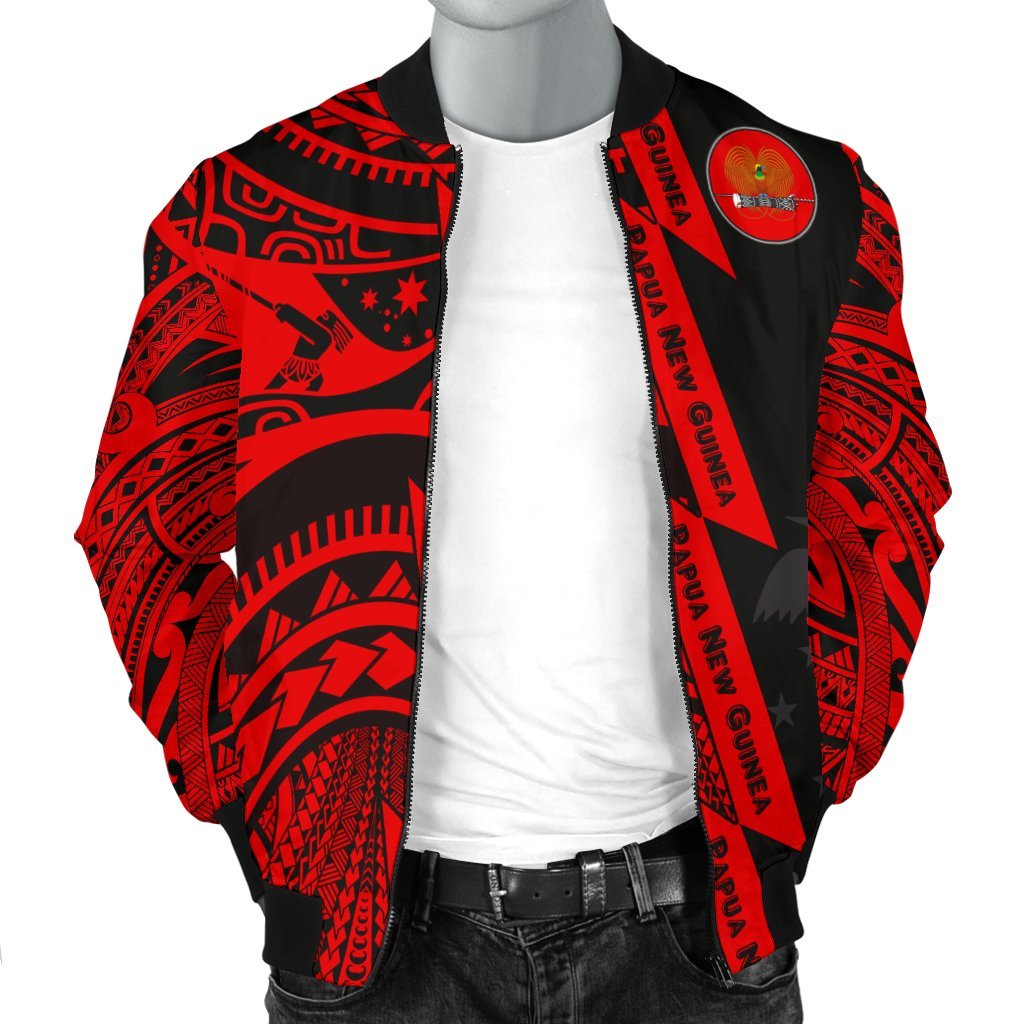Polynesian Guinea Men's Bomber Jacket - Moana Maui Tattoo With Coat Of Arm Guinea Red - Polynesian Pride