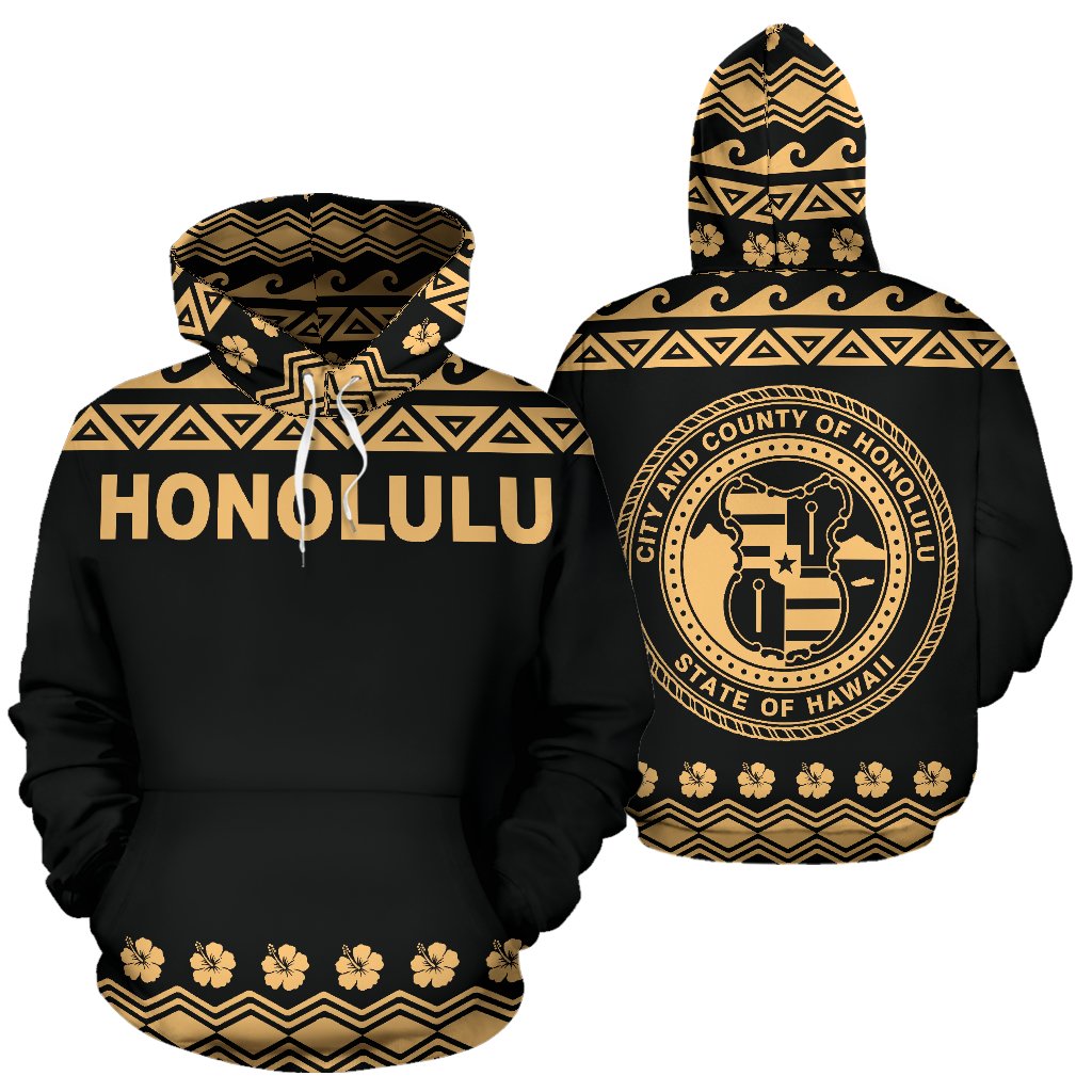 Honolulu All Over Hoodie Polynesian Design Unisex Black - Polynesian Pride