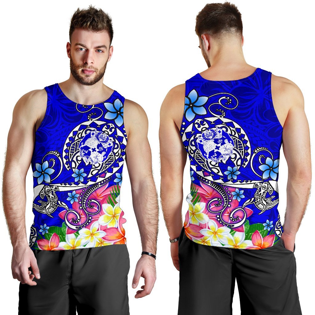 Tonga Men's Tank Top - Turtle Plumeria (Blue) - Polynesian Pride