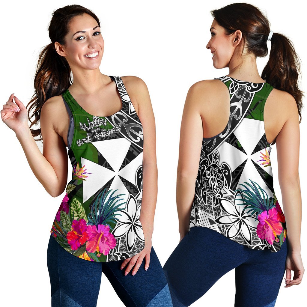 Wallis and Futuna Women Racerback Tank - Turtle Plumeria Banana Leaf - Polynesian Pride