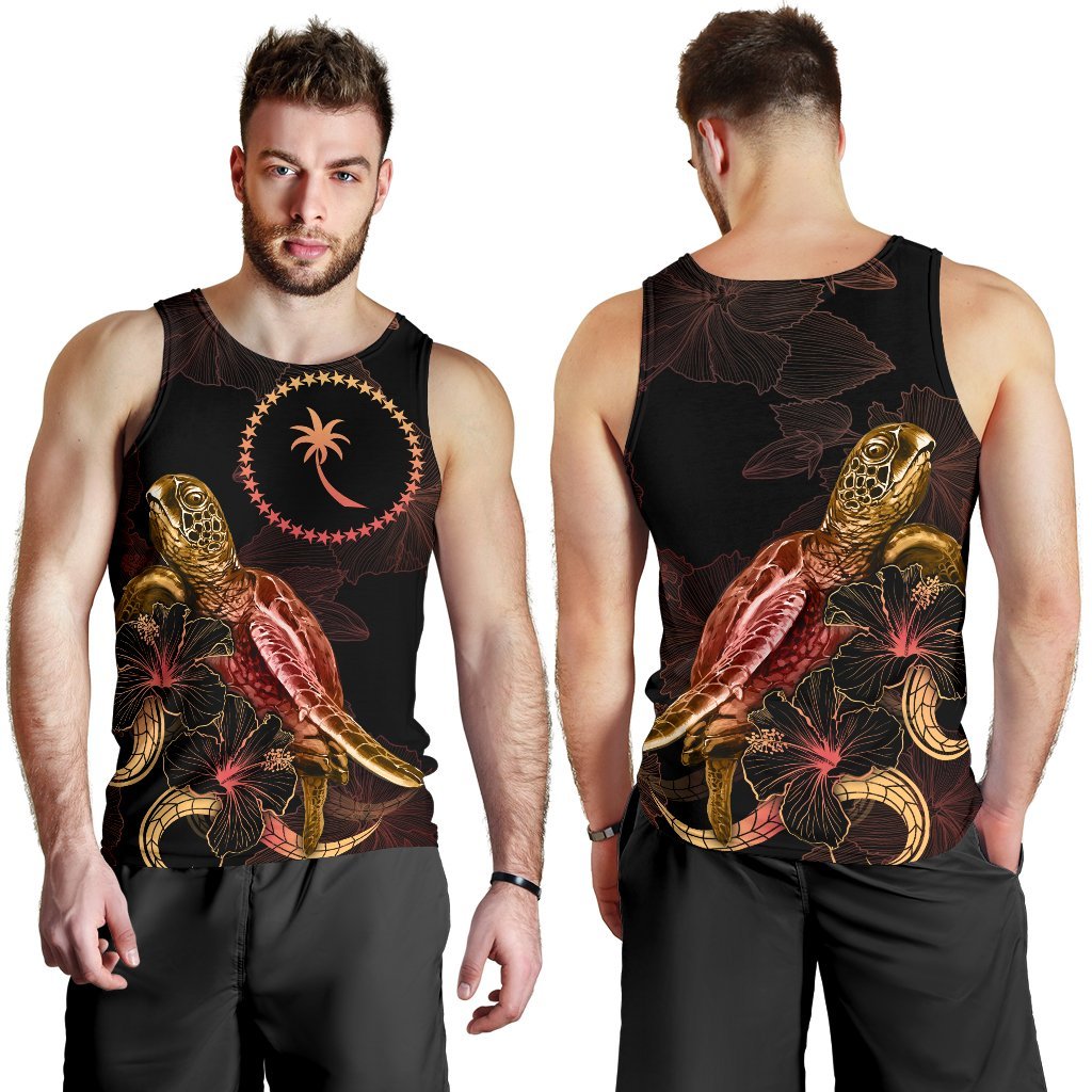 Chuuk Men Tank Top - Turtle With Blooming Hibiscus Gold - Polynesian Pride