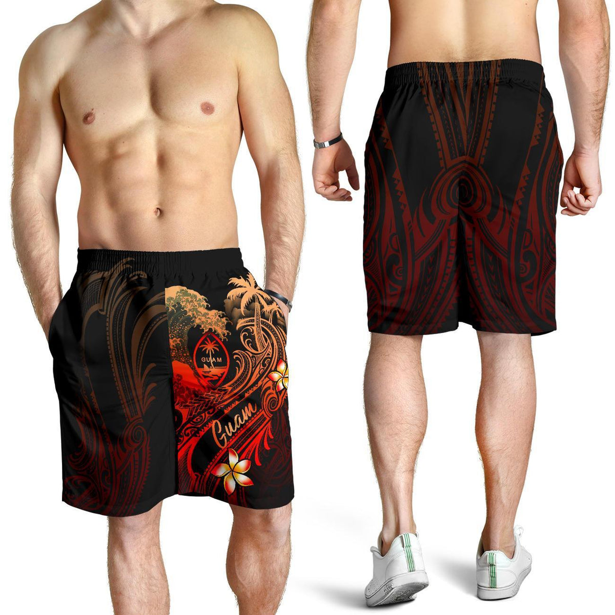 Guam Polynesian Men's Short - Plumeria Flowers And Waves - Polynesian Pride