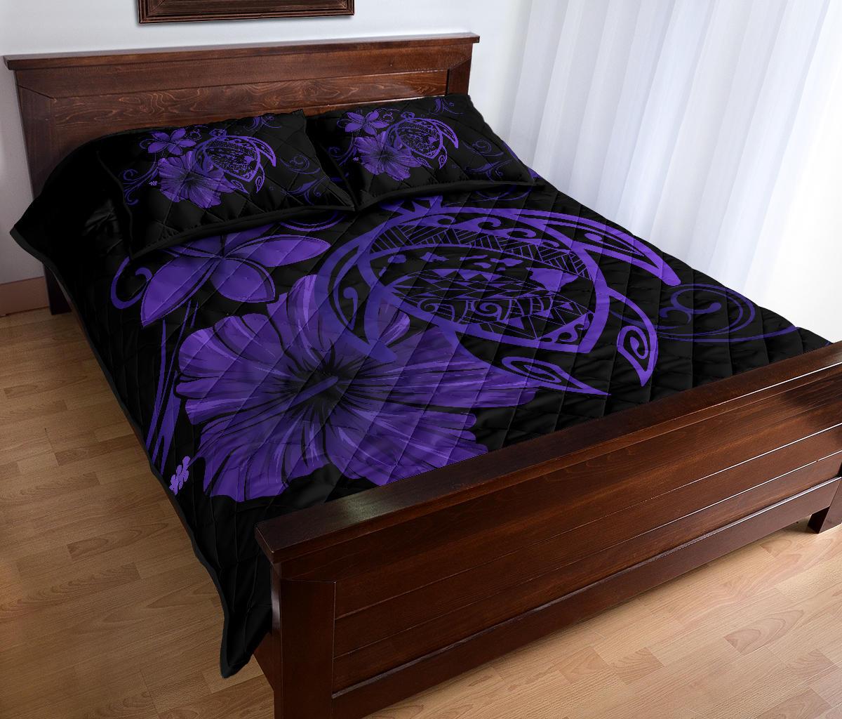 Hawaii Turtle Kanaka Map Hibiscus Poly Quilt Bed Set - Purple - Polynesian Pride