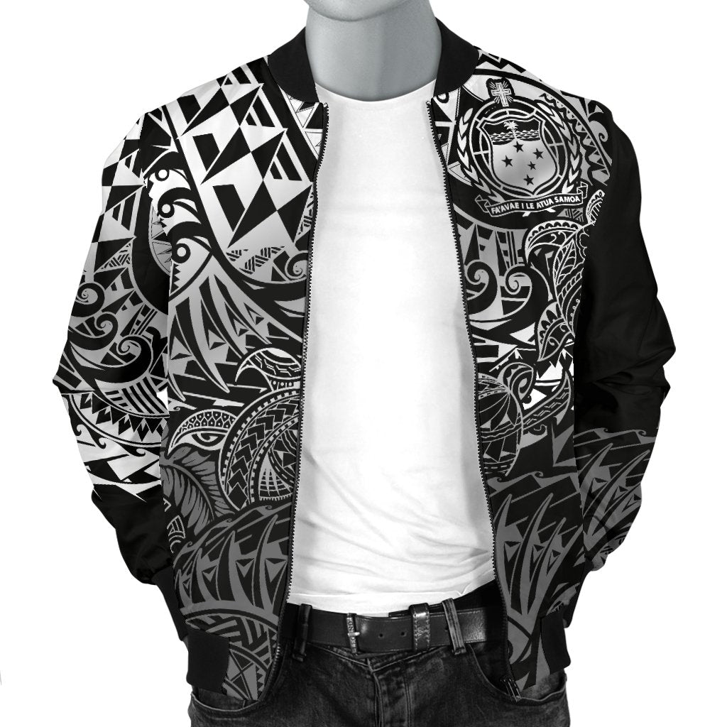 Samoa Polynesian Bomber Jacket (Men) - White Turtle Flowing - Polynesian Pride