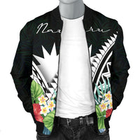 Nauru Men's Bomber Jacket - Nauru Coat of Arms & Polynesian Tropical Flowers White - Polynesian Pride