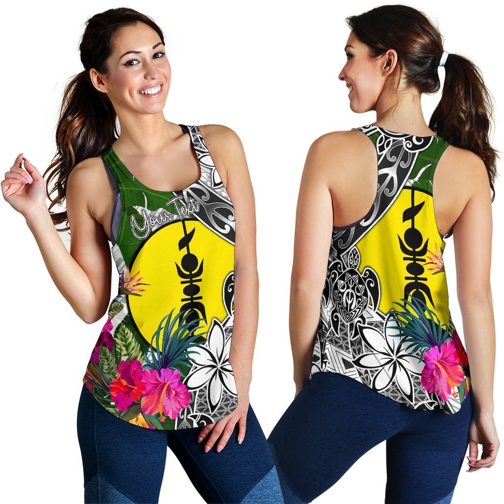 New Caledonia Custom Personalised Women's Racerback Tank White - Turtle Plumeria Banana Leaf - Polynesian Pride