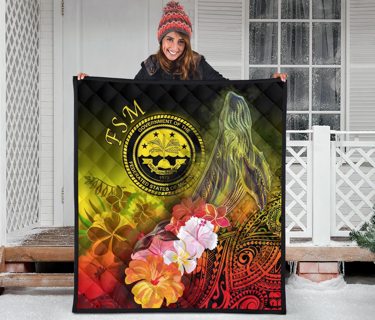 Federated States of Micronesia Premium Quilts - Humpback Whale with Tropical Flowers (Yellow) - Polynesian Pride