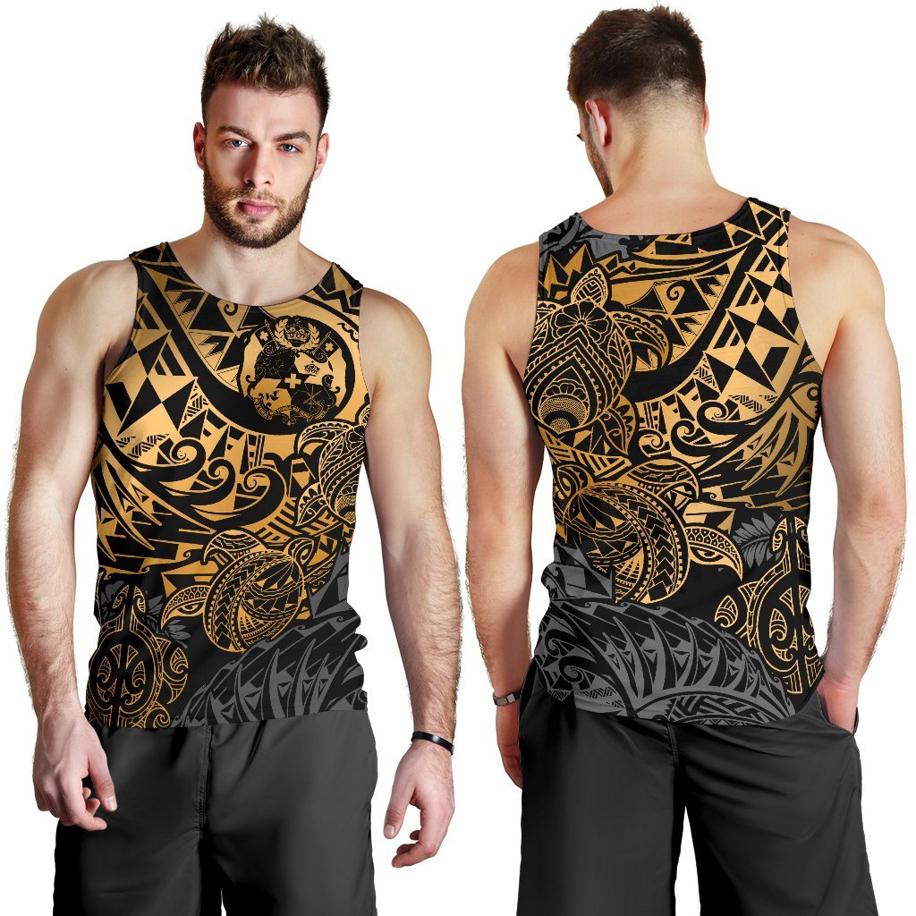 Tonga Polynesian Tank Top (Men) - Gold Turtle Flowing - Polynesian Pride