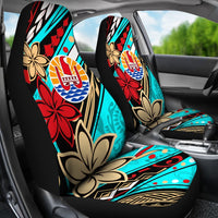 Tahiti Car Seat Covers - Tribal Flower With Special Turtles Blue Color - Polynesian Pride