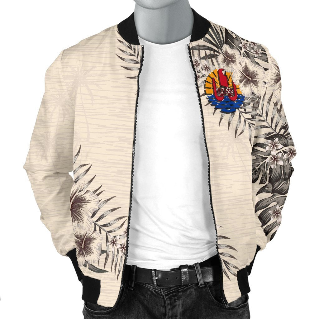 Tahiti Men's Bomber Jacket - The Beige Hibiscus - Polynesian Pride
