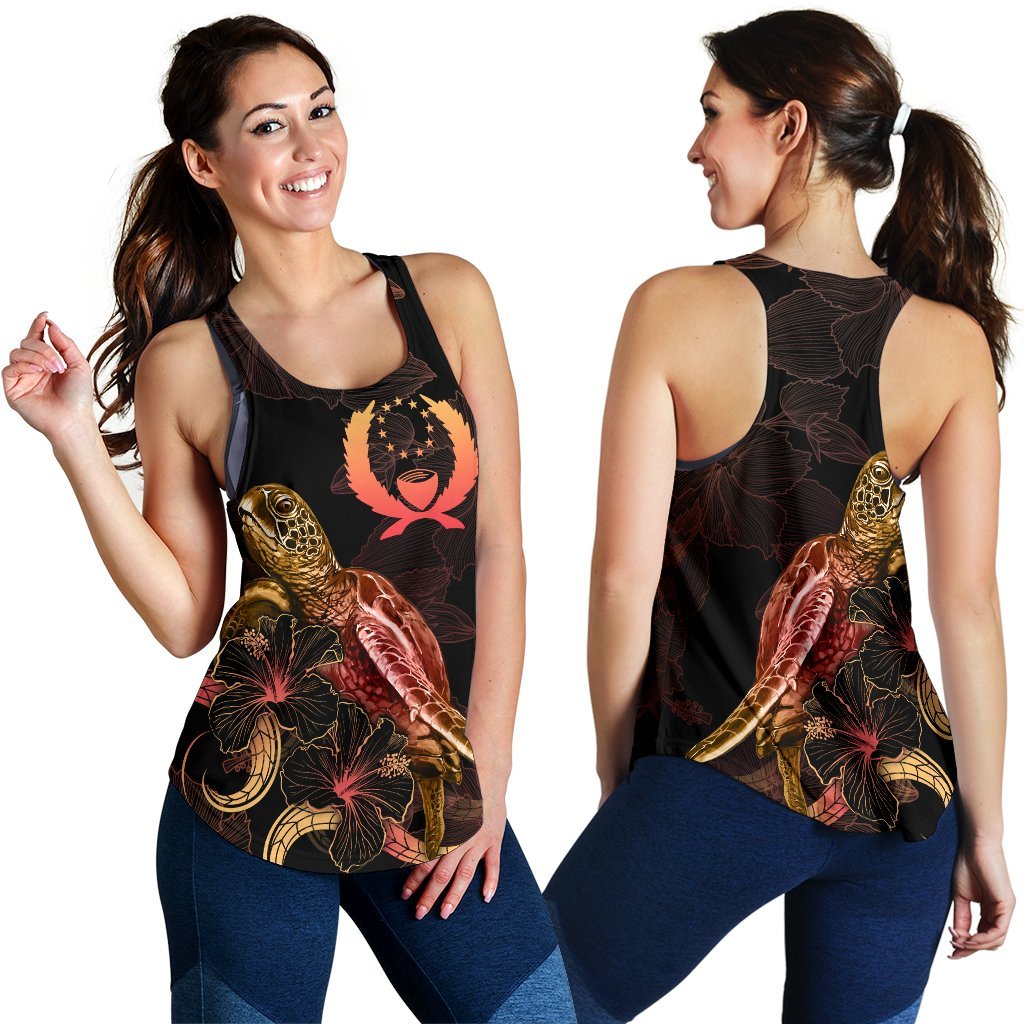 Pohnpei Polynesian Women Tank Top - Turtle With Blooming Hibiscus Gold - Polynesian Pride