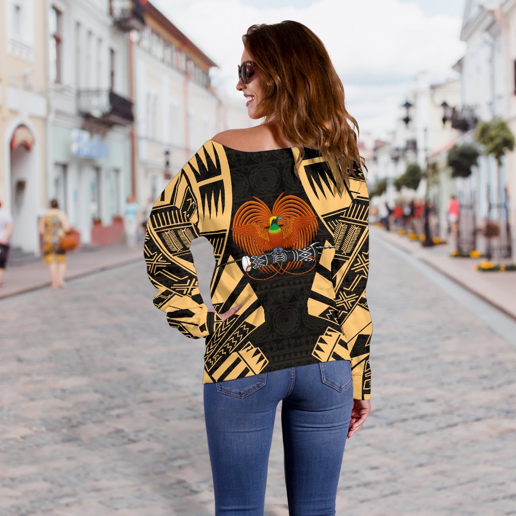 Papua New Guinea Women's Off Shoulder Sweater - Polynesian Tattoo Gold - Polynesian Pride