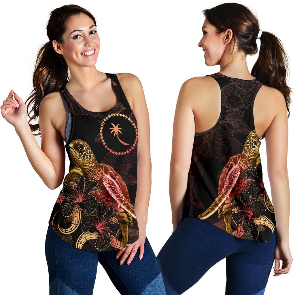 Chuuk Polynesian Women Tank Top - Turtle With Blooming Hibiscus Gold - Polynesian Pride