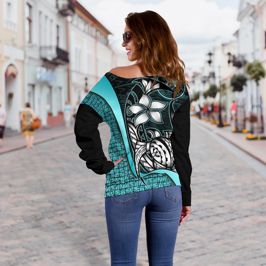 Yap Micronesia Women Off Shoulder Sweater Turquoise - Turtle With Hook - Polynesian Pride