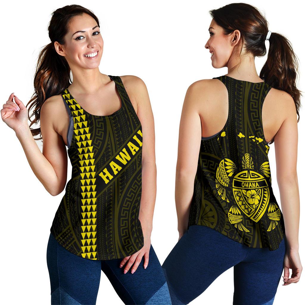 Hawaii Kakau Polynesian Turtle Map Women's Racerback Tank - Yellow - Ohana Style Yellow - Polynesian Pride