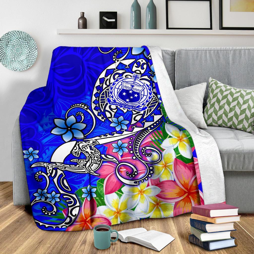 Samoa Premium Blanket - Turtle Plumeria (Blue) - Polynesian Pride