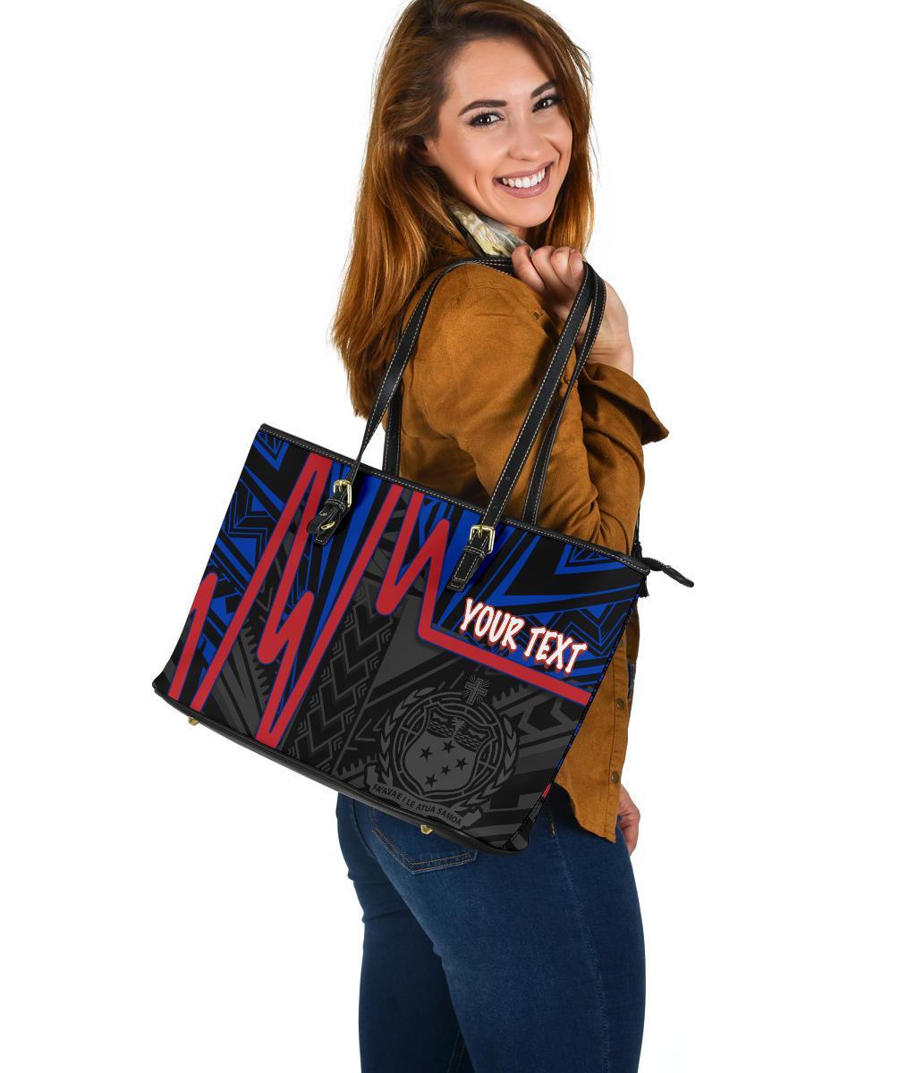Samoa Personalised Large Leather Tote Bag - Samoa Coat Of Arms With Polynesian Patterns In Heartbeat Style (Blue) - Polynesian Pride