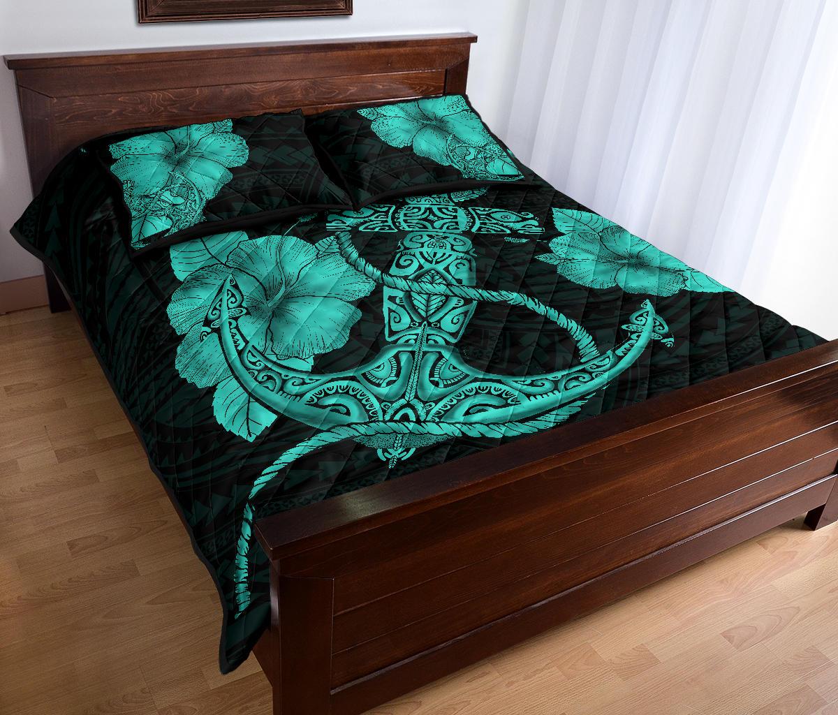 Anchor Poly Tribal Quilt Bed Set Turquoise - Polynesian Pride