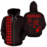 Polynesian Kakau Three Turtle Map of Hawaii Zip Hoodie Red Unisex Red - Polynesian Pride