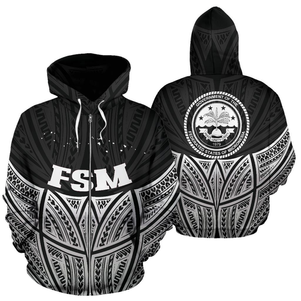 Federated States of Micronesia Polynesian Zip up Hoodie Black Pride Map and Seal Unisex Black - Polynesian Pride
