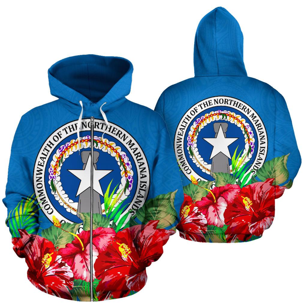 Northern Mariana Islands Polynesian Zip Hoodie Flag Hibiscus Unisex Blue - Polynesian Pride