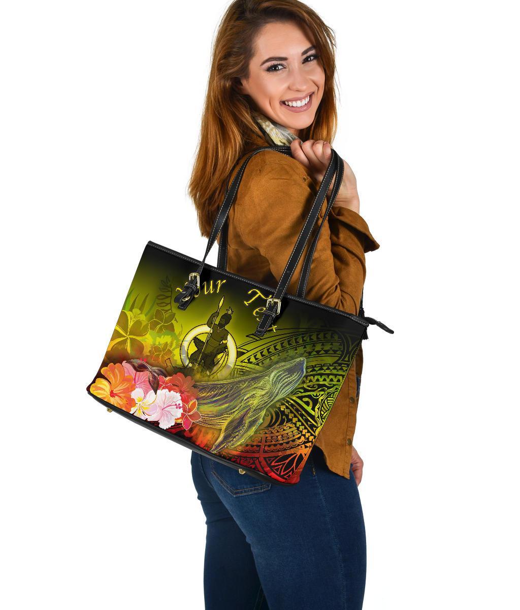 Vanuatu Custom Personalised Large Leather Tote Bag - Humpback Whale with Tropical Flowers (Yellow) - Polynesian Pride