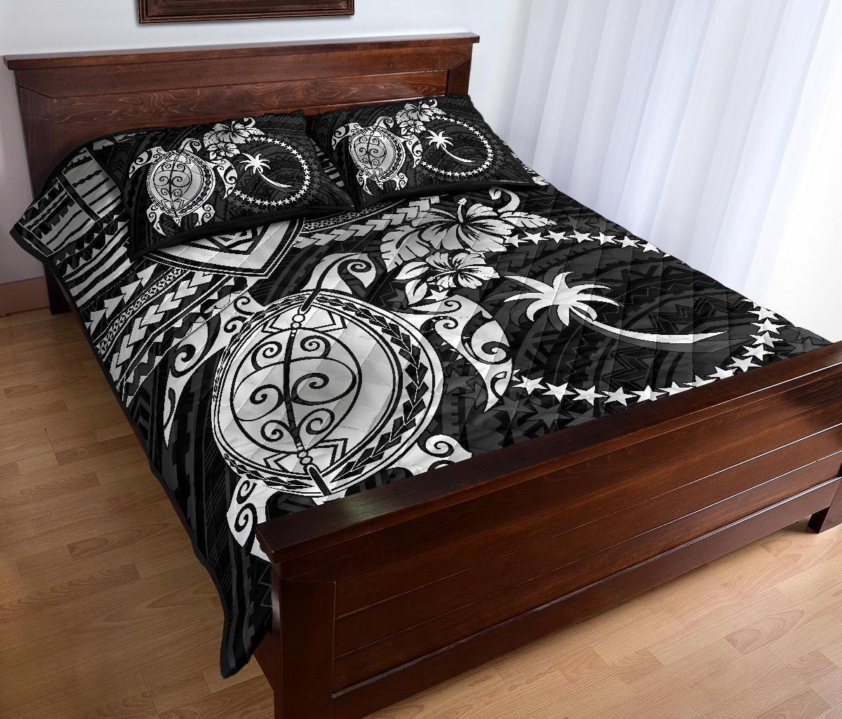 Chuuk Polynesian Quilt Bed Set - Chuuk Flag & White Turtle Black Version - Polynesian Pride