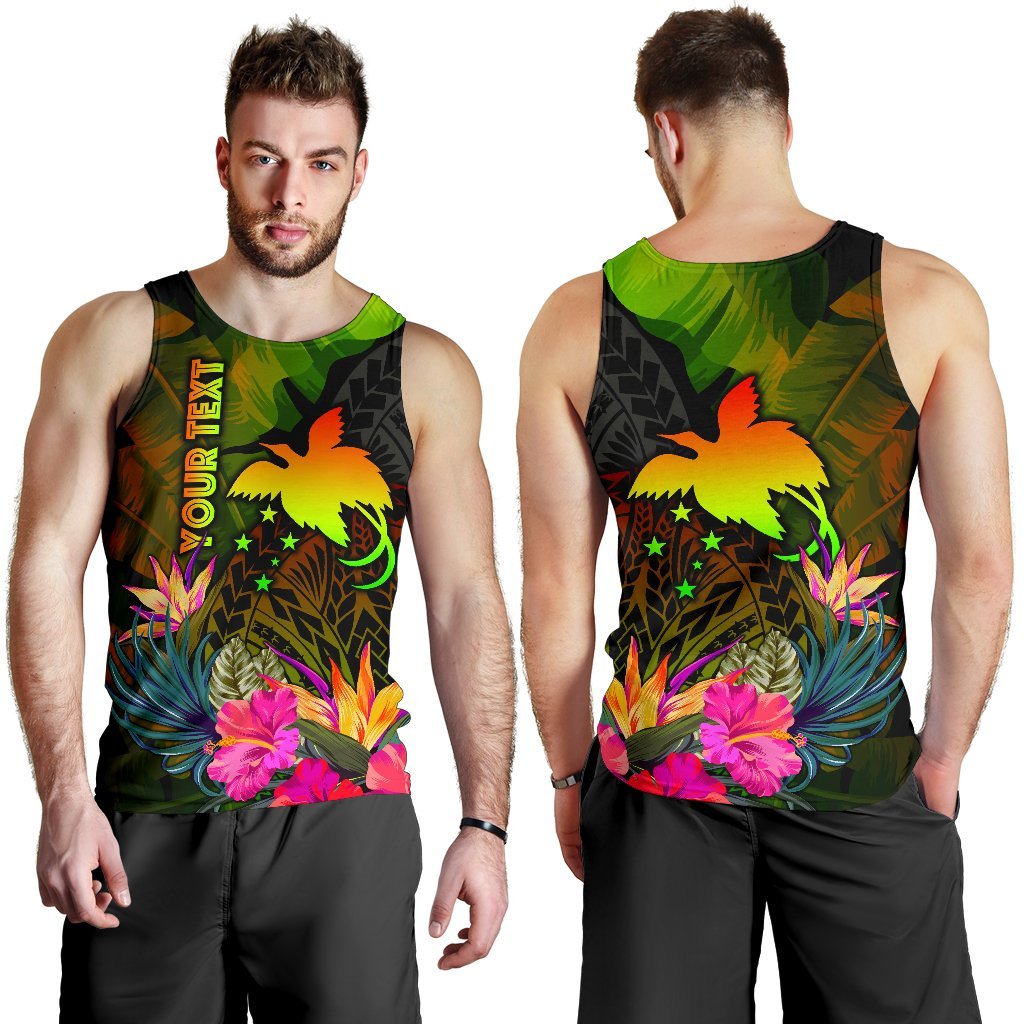 Papua New Guinea Polynesian Personalised Men's Tank Top - Hibiscus and Banana Leaves - Polynesian Pride