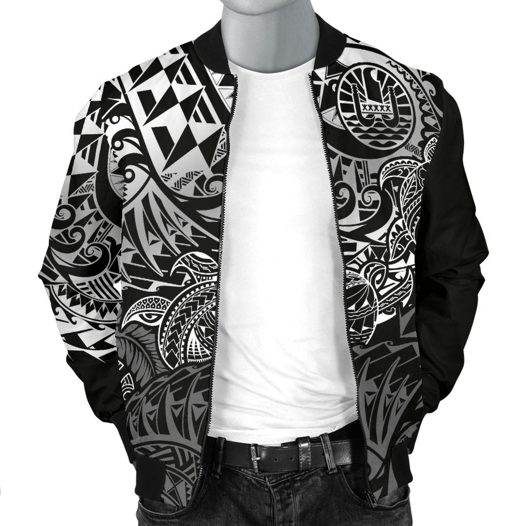 Tahiti Polynesian Men Bomber Jacket - White Turtle Hibiscus Flowing - Polynesian Pride