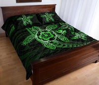 Kanaka Map Hibiscus Plumeria Turtle Art Green Polynesian Quilt Bed Set - Polynesian Pride
