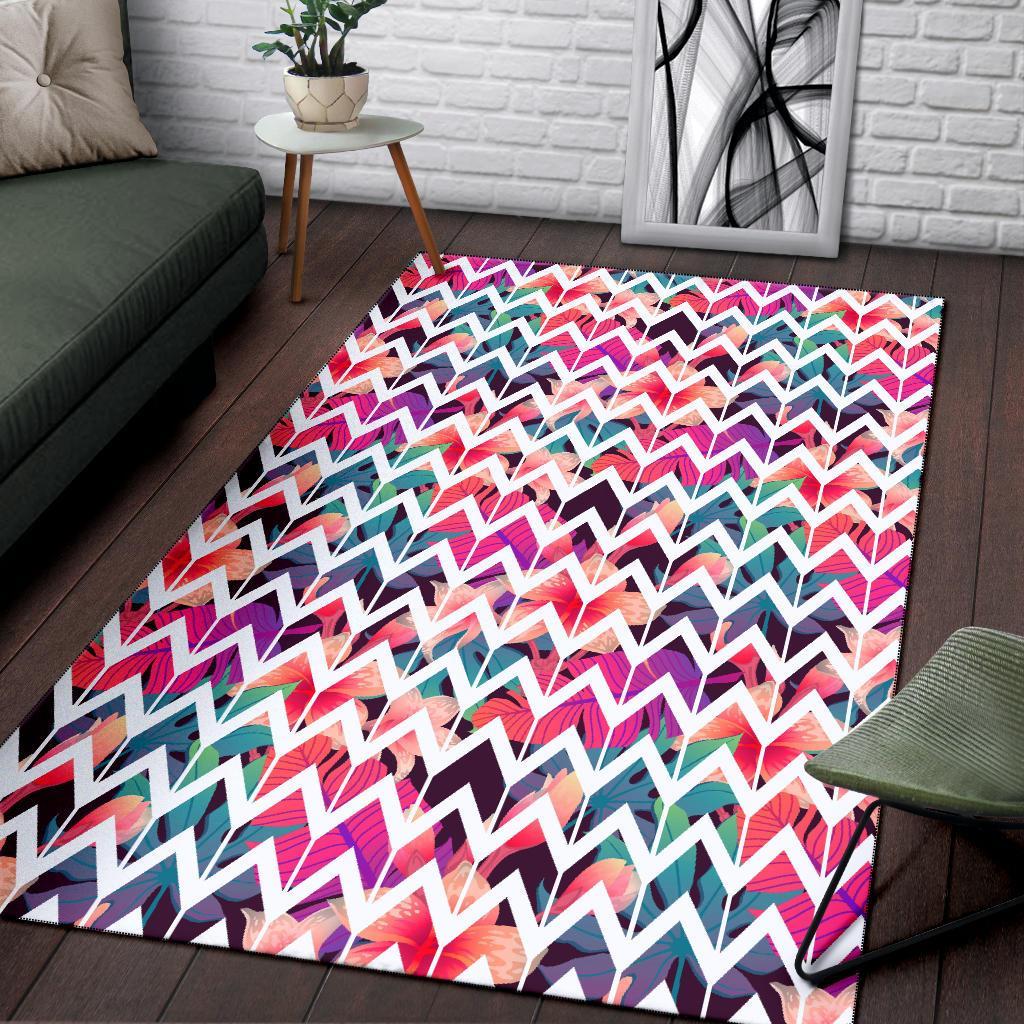 Palm Foliage On Striped Zigzag Rug - Polynesian Pride